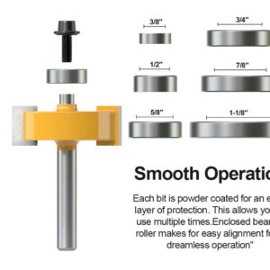 Yueqing Zhongji Rabbet Router Bit 1/4 Inch with 6 Bearings,Interchangeable and Adjustable Bearing (Multiple Depths 1/8", 1/4", 5/16", 3/8", 7/16", 1/2") Carbide Tipped Rabbeting Router Bit Set for