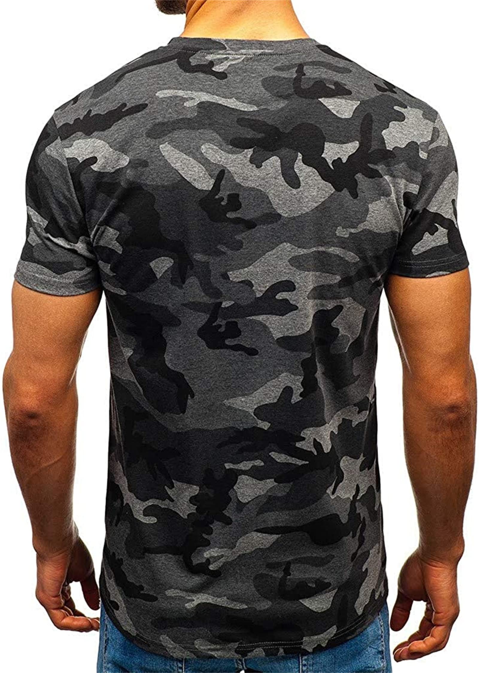 Men's Regular Fit Camo Crewneck T-Shirt Short Sleeve Camouflage Shirt Tops Slim Athletic Military Pullover Tees (Dark Grey,XX-Large)