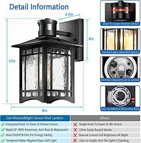 XANGQAN 2 Pack Motion Sensor Outdoor Wall Lights, Dusk to Dawn Lighting, Led Exterior Light Fixture, Anti-Rust Lantern for Front Porch, Waterproof Black Outdoor Wall Sconce for House Garage Patio