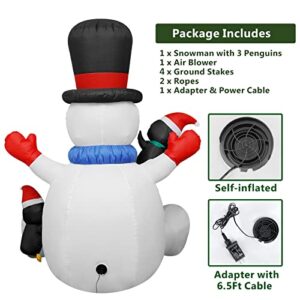 7Ft Christmas Inflatable Seated Snowman with 3 Penguins,Built-in Colorful Rotating RGB LED Lights,Xmas Inflatable Outdoor Decorations for Patio Lawn Yard Garden