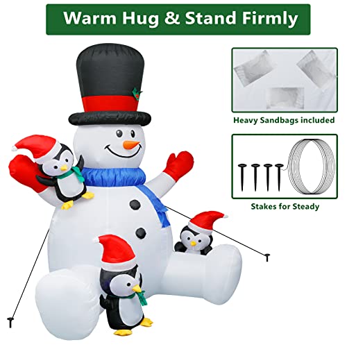7Ft Christmas Inflatable Seated Snowman with 3 Penguins,Built-in Colorful Rotating RGB LED Lights,Xmas Inflatable Outdoor Decorations for Patio Lawn Yard Garden