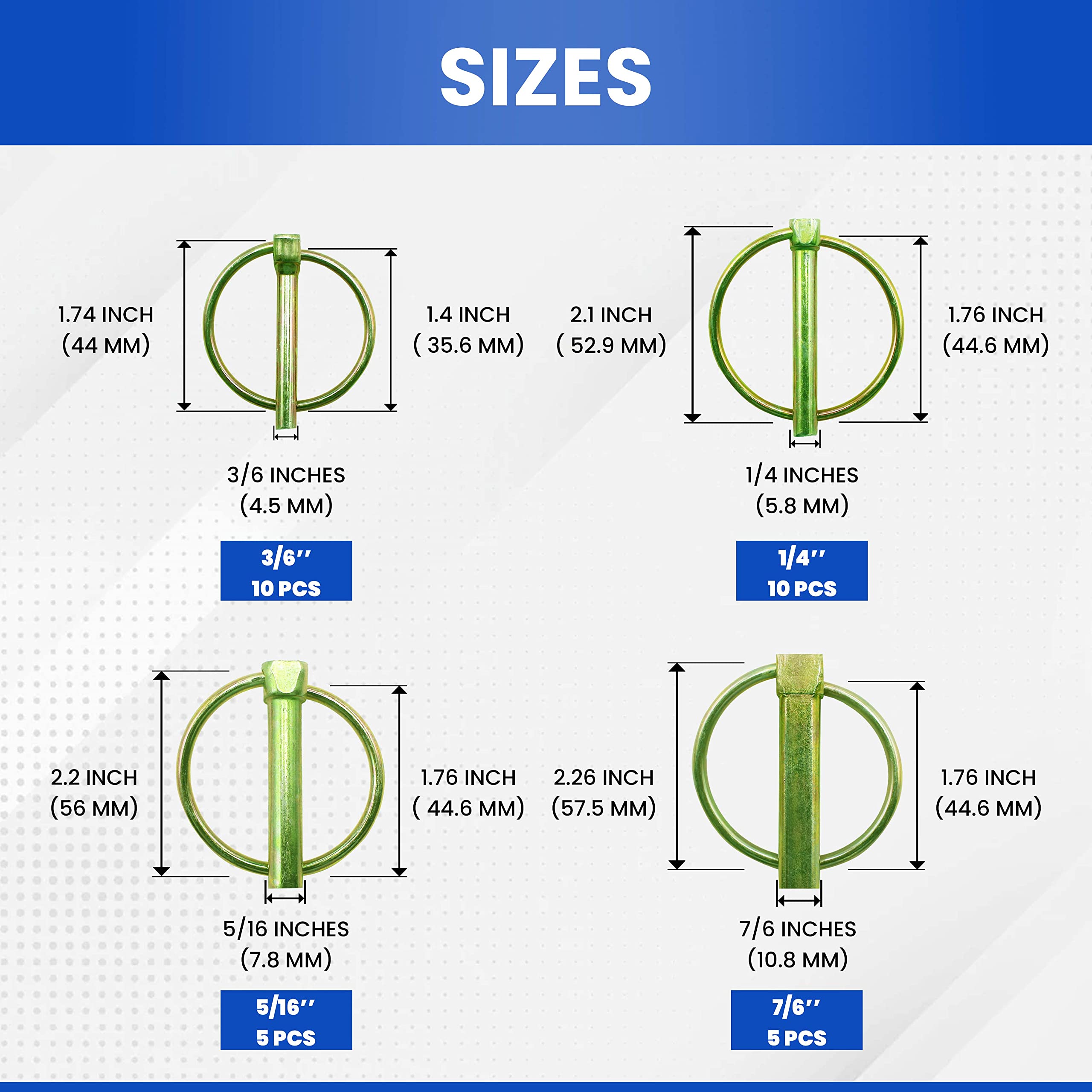 Pinailer 30 Pcs of Lynch Pin Assortment Kit— for Trucks, Tractors, Trolleys, Lawn Mowers, & Trailers of 3/16”x1-7/16”, 1/4”x1-3/4”, 5/16”x1-3/4”, & 7/16”x1-3/4”