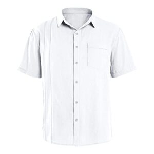 men cotton linen button down shirts short sleeve summer beach tops lightweight casual v neck plain holiday shirt (white,large)