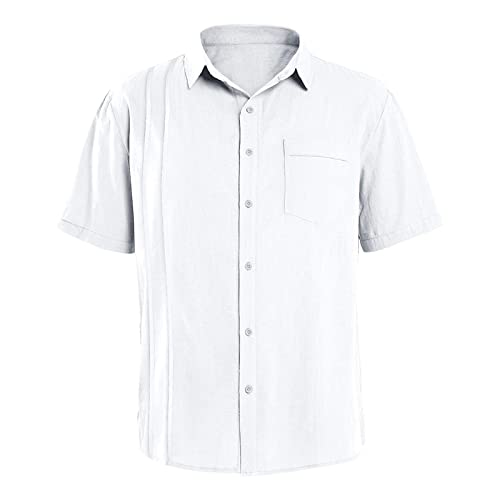 Men Cotton Linen Button Down Shirts Short Sleeve Summer Beach Tops Lightweight Casual V Neck Plain Holiday Shirt (White,Large)