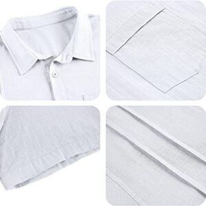 Men Cotton Linen Button Down Shirts Short Sleeve Summer Beach Tops Lightweight Casual V Neck Plain Holiday Shirt (White,Large)