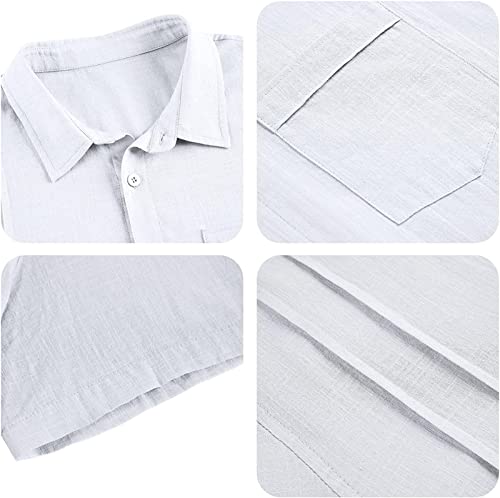 Men Cotton Linen Button Down Shirts Short Sleeve Summer Beach Tops Lightweight Casual V Neck Plain Holiday Shirt (White,Large)