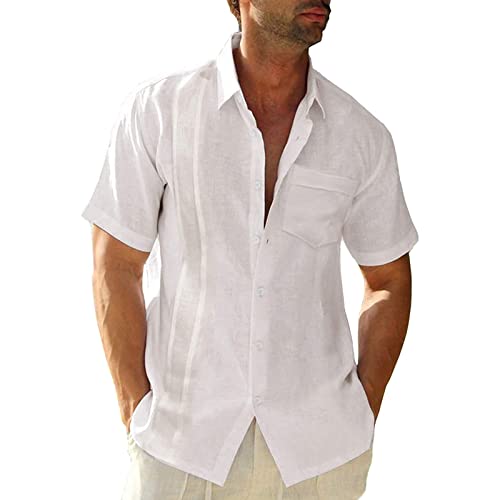 Men Cotton Linen Button Down Shirts Short Sleeve Summer Beach Tops Lightweight Casual V Neck Plain Holiday Shirt (White,Large)