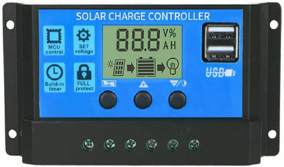 100A Solar Charge Controller 12V 24V PWM Auto Focus Tracking Solar Panel Charge Controller Regulator with Dual USB Port LCD Display Multiple Load Control Modes -Blue