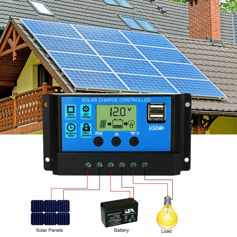 100A Solar Charge Controller 12V 24V PWM Auto Focus Tracking Solar Panel Charge Controller Regulator with Dual USB Port LCD Display Multiple Load Control Modes -Blue