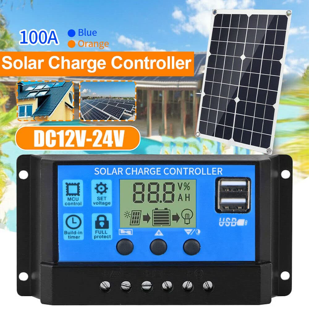 100A Solar Charge Controller 12V 24V PWM Auto Focus Tracking Solar Panel Charge Controller Regulator with Dual USB Port LCD Display Multiple Load Control Modes -Blue