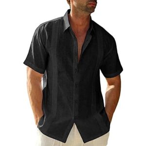 Maiyifu-GJ Men's Short Sleeve Cotton Linen Shirts Lightweight Summer Button Down Shirt Plain Tropical Holiday Beach T Shirt (Black,3X-Large)