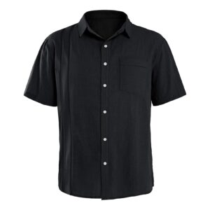 maiyifu-gj men's short sleeve cotton linen shirts lightweight summer button down shirt holiday beach t shirt with pocket (black,3x-large)