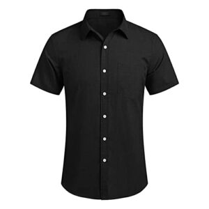 Men's Casual Linen Button Down Shirt Solid Short Sleeve Summer Beach Shirts Classic Fit Lightweight Blouses Tops (Black,Small)