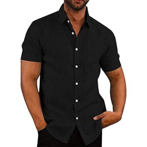 Men's Casual Linen Button Down Shirt Solid Short Sleeve Summer Beach Shirts Classic Fit Lightweight Blouses Tops (Black,Small)