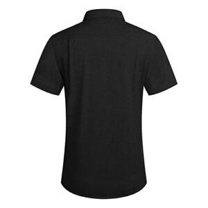 Men's Casual Linen Button Down Shirt Solid Short Sleeve Summer Beach Shirts Classic Fit Lightweight Blouses Tops (Black,Small)