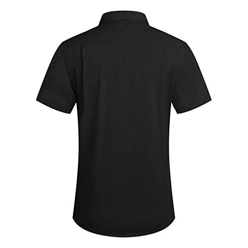 Men's Casual Linen Button Down Shirt Solid Short Sleeve Summer Beach Shirts Classic Fit Lightweight Blouses Tops (Black,Small)