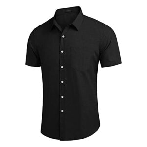 Men's Casual Linen Button Down Shirt Solid Short Sleeve Summer Beach Shirts Classic Fit Lightweight Blouses Tops (Black,Small)