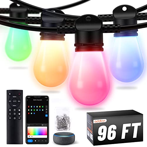 addlon 96FT Outdoor String Lights, Dimmable Outdoor Lights with Remote & APP Control, Patio Lights with 30 Waterproof Shatterproof LED Bulbs, Smart RGB String Lights Outsides Work with Alexa for Patio