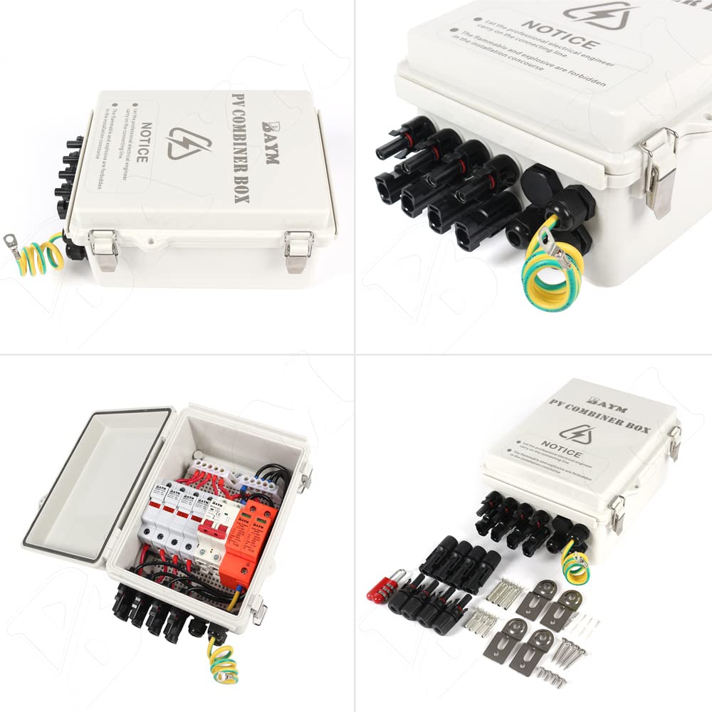 BAYM IP65 4 in 1 Out 15A 4 String Solar PV Array Plastic DC Combiner Box,4Pair Solar Connectors, Lightning Surge Protection, 63A 6ka MCB Lock Indicator,Waterproof Ventilation Valve