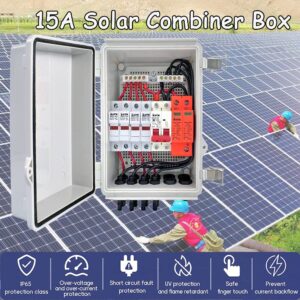 BAYM IP65 4 in 1 Out 15A 4 String Solar PV Array Plastic DC Combiner Box,4Pair Solar Connectors, Lightning Surge Protection, 63A 6ka MCB Lock Indicator,Waterproof Ventilation Valve