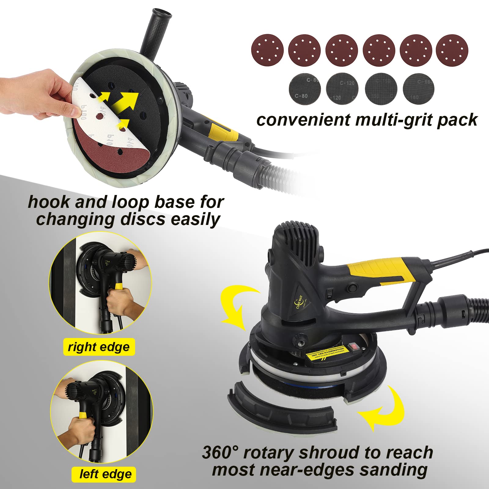 CUBEWAY Drywall Sander, Handheld Electric Drywall Sander with Vacuum Attachment and Variable Speed, Sheetrock Sander Machine with LED Light 10pcs Sanding Discs and 26FT Power Cord