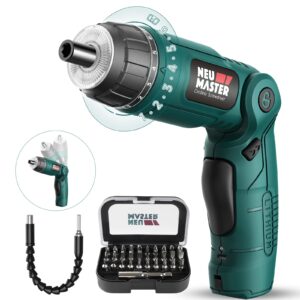 neu master cordless screwdriver, 4v electric screwdriver rechargeable power screwdriver with pivoting handle, front and rear led light, 32pcs bits, 6+1 torque setting, 2000 mah battery screwdriver