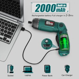 NEU MASTER Cordless Screwdriver, 4V Electric Screwdriver Rechargeable Power Screwdriver With Pivoting Handle, Front And Rear LED Light, 32pcs Bits, 6+1 Torque Setting, 2000 mAh Battery Screwdriver