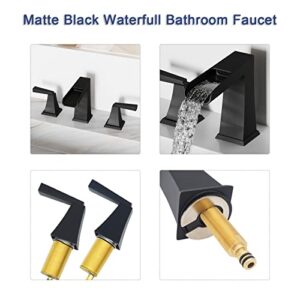 RETHME Matte Black Waterfall Bathroom Faucets for Sink 3 Hole, 8 Inch Widespread Bathroom Sink Faucet, Two-Handle Sink Faucet for Bathroom with cUPC Supply Lines & Pop Up Drain Assembly