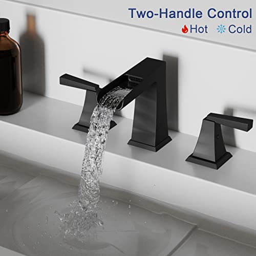 RETHME Matte Black Waterfall Bathroom Faucets for Sink 3 Hole, 8 Inch Widespread Bathroom Sink Faucet, Two-Handle Sink Faucet for Bathroom with cUPC Supply Lines & Pop Up Drain Assembly