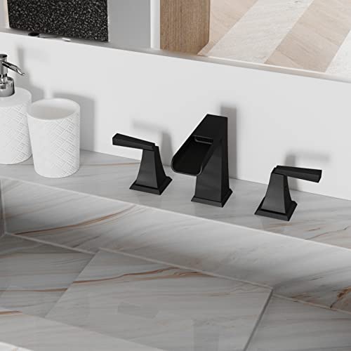 RETHME Matte Black Waterfall Bathroom Faucets for Sink 3 Hole, 8 Inch Widespread Bathroom Sink Faucet, Two-Handle Sink Faucet for Bathroom with cUPC Supply Lines & Pop Up Drain Assembly