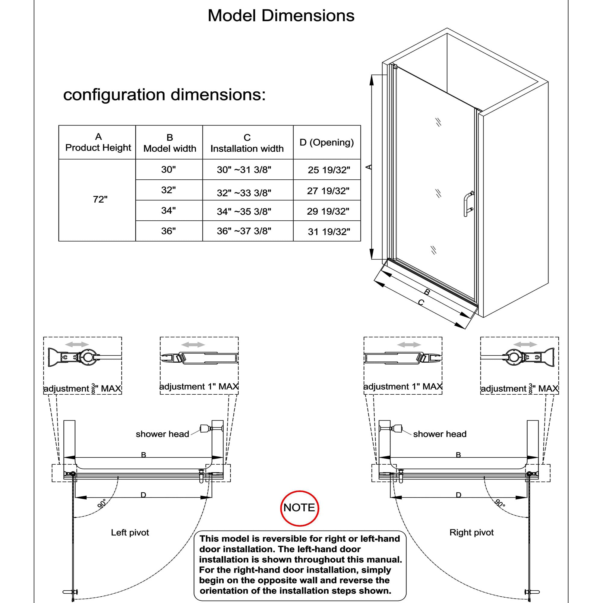 GroGro Frameless Glass Shower Door,32-33.5" W x 72" H Pivot Swing Shower Door,1/4 in Thick Clear Tempered Glass,Matte Black Finish, Black Shower Door Can Be Reversible Installation