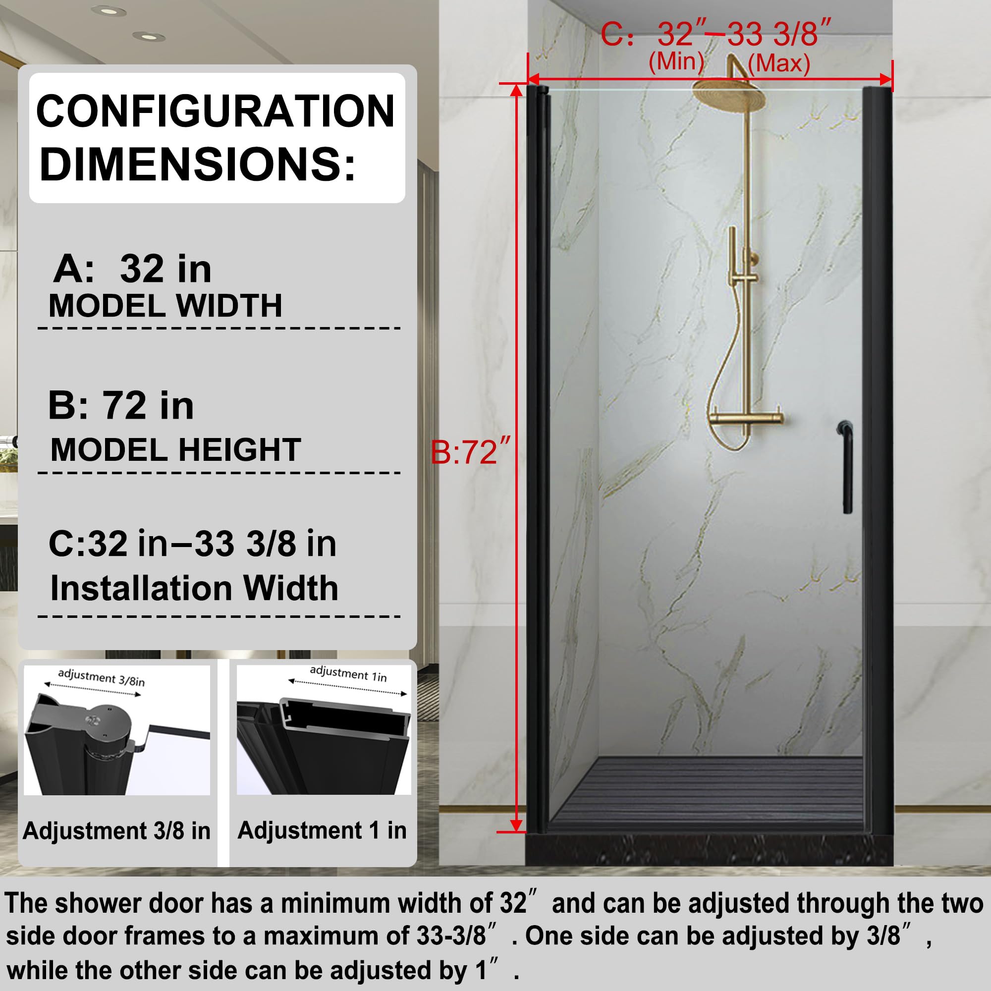 GroGro Frameless Glass Shower Door,32-33.5" W x 72" H Pivot Swing Shower Door,1/4 in Thick Clear Tempered Glass,Matte Black Finish, Black Shower Door Can Be Reversible Installation