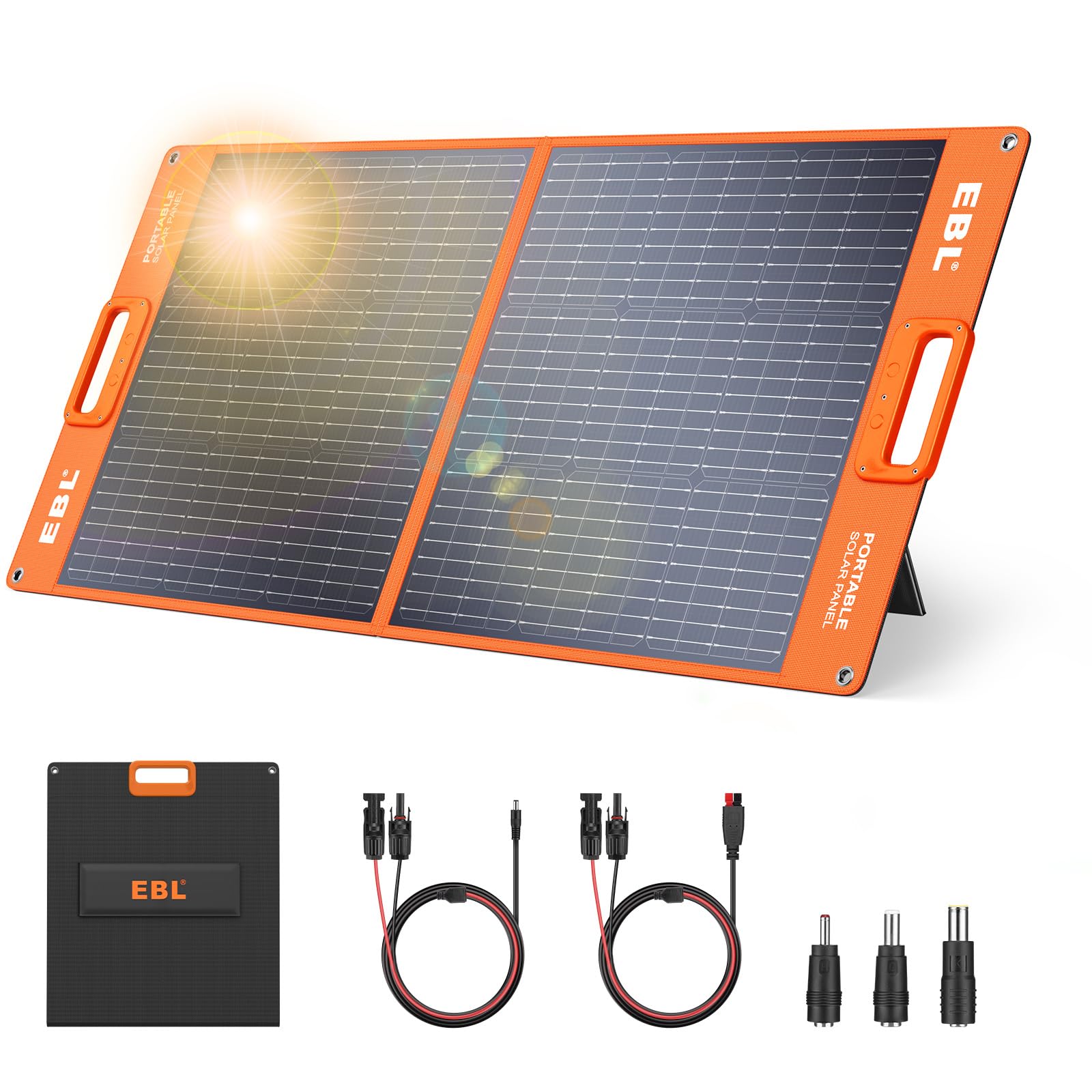 EBL Solar Apollo 100W Portable Solar Panel (Upgraded) for 240/300/500/1000/1500/2000 Power Station, with Adjustable Kickstand and Parallel Cable, Waterproof IP65 for Outdoor Camping Hiking RV Trip