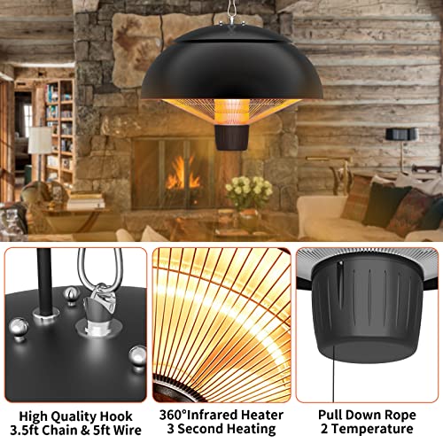 Patio Hanging Heater, Ceiling Mounted Heater, 1500W Outdoor/Indoor Waterproof Electric infrared Hanging Heater with 2 Modes Power (600W/1500W)