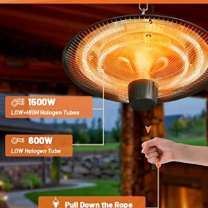 PIAOMTIEE Electric Patio Heater, Waterproof Hanging Patio Heater, Infrared Porch Heater Ceiling Hanging Heaters for Indoor Outdoor Use, Black Balcony Heater with 2 Adjustable Modes 600W/1500W