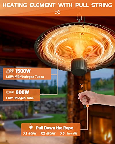 PIAOMTIEE Electric Patio Heater, Waterproof Hanging Patio Heater, Infrared Porch Heater Ceiling Hanging Heaters for Indoor Outdoor Use, Black Balcony Heater with 2 Adjustable Modes 600W/1500W