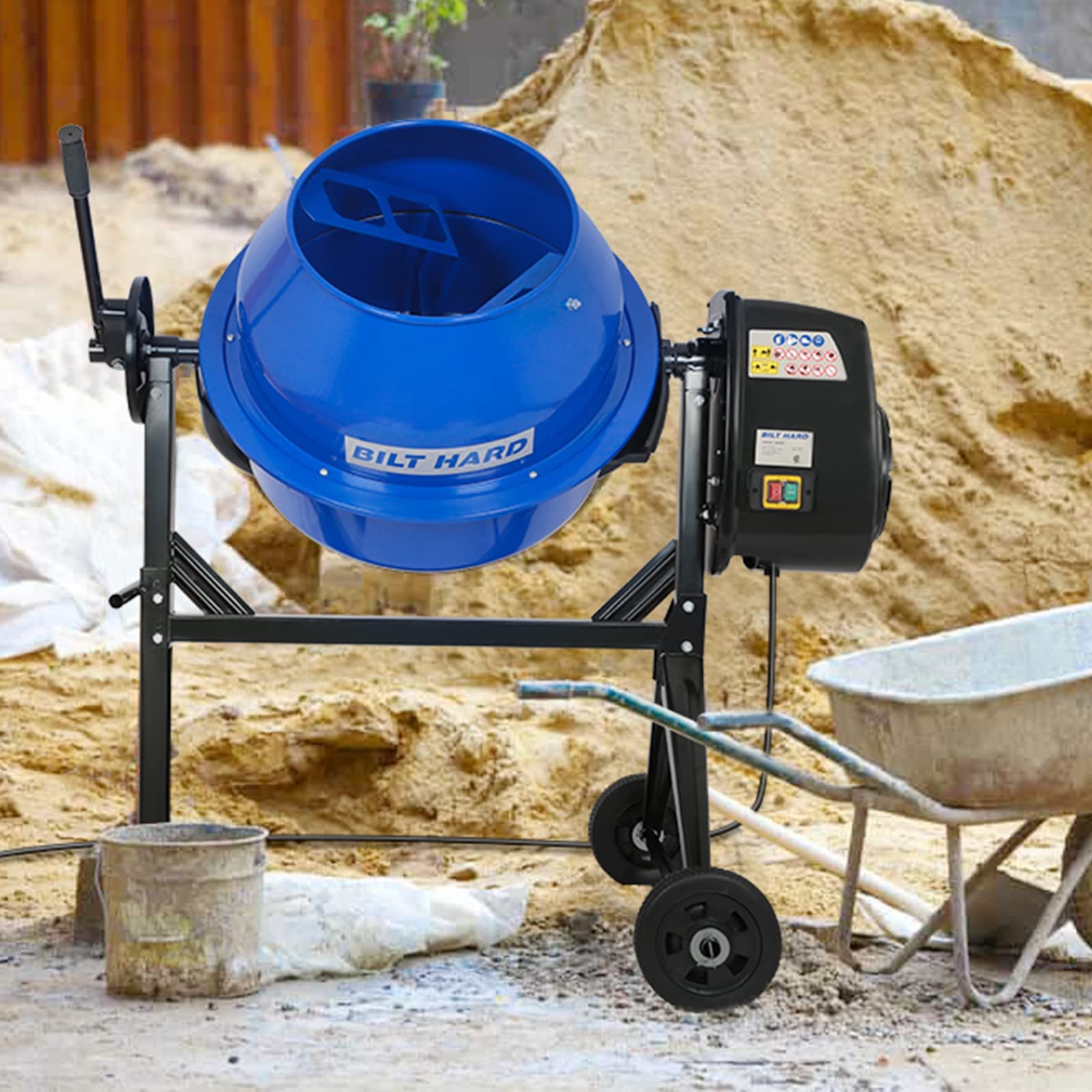 BILT HARD Electric Cement Mixer, 4 Cubic Ft. Portable Concrete Mixer Machine, Wheelbarrow Cement Mixing Tools for Stucco