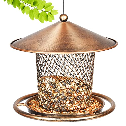 Squirrel Proof Bird Feeders, Cute Lantern Bird Feeder Roof Shaped, Heavy Duty Metal Wild Bird Feeder with Hook for Garden Yard Outside Hanging Decor, 2lbs Capacity - Bronzed