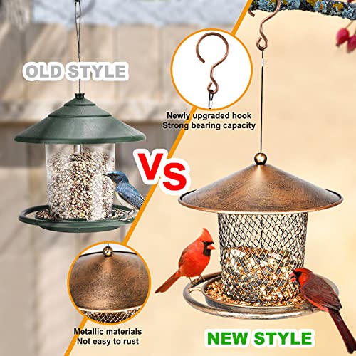 Squirrel Proof Bird Feeders, Cute Lantern Bird Feeder Roof Shaped, Heavy Duty Metal Wild Bird Feeder with Hook for Garden Yard Outside Hanging Decor, 2lbs Capacity - Bronzed