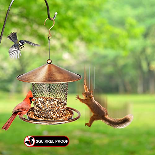 Squirrel Proof Bird Feeders, Cute Lantern Bird Feeder Roof Shaped, Heavy Duty Metal Wild Bird Feeder with Hook for Garden Yard Outside Hanging Decor, 2lbs Capacity - Bronzed