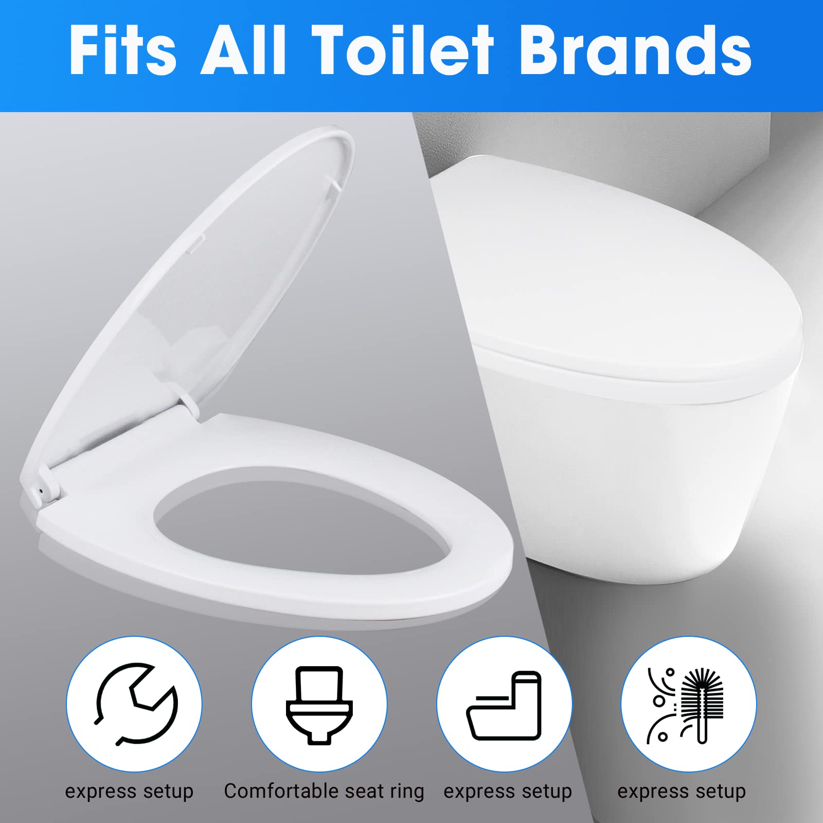 Toilet seat, Slow Close, White heavy duty Toilet Seat with Non-slip Seat Bumpers Easy to Install & Clean PP Material Replacement Toilet Seat Fits All Toilet Brands Elongated Toilets(Y6)