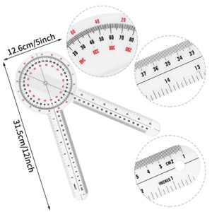 Prasacco 12 Inch Goniometer, Transparent Orthopedic Angle Ruler Plastic Goniometer 360 Degree Goniometer Angle Protractor Goniometer for Body Measuring Tape Goniometer Protractor Ruler