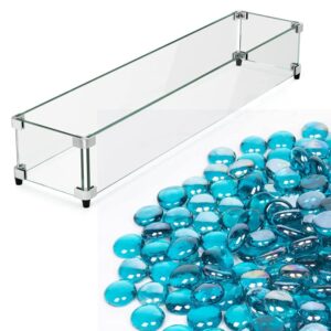 gaspro 38.5 x 7.5 inch glass wind guard and 10lb caribbean blue fire glass beads for rectangular fire pit table, with hard aluminum corner bracket & rubber feet, easy to assemble