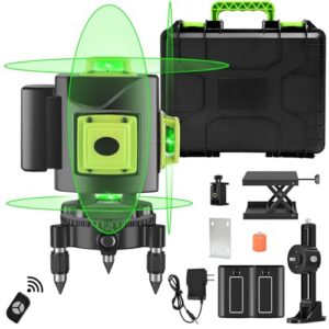 laser level, 16 lines laser level 4x360° self leveling, 4d green cross line laser for construction tiling picture hanging, green laser level line tool with 2 rechargeable battery and magnetic bracket