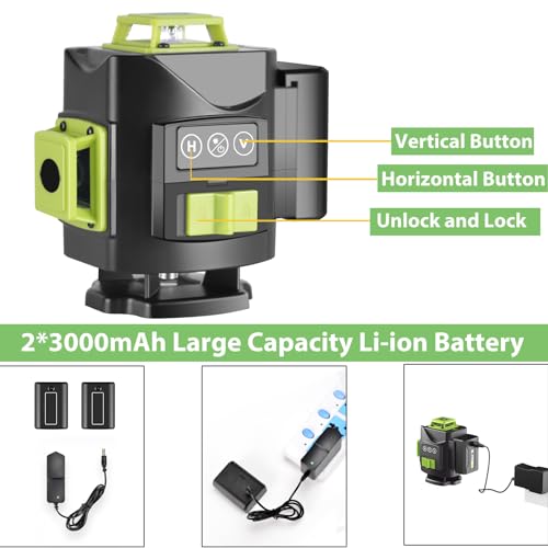 Laser Level, 16 Lines Laser Level 4x360° Self Leveling, 4D Green Cross Line Laser for Construction Tiling Picture Hanging, Green Laser Level Line Tool with 2 Rechargeable Battery and Magnetic Bracket