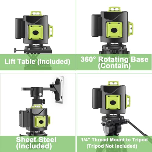 Laser Level, 16 Lines Laser Level 4x360° Self Leveling, 4D Green Cross Line Laser for Construction Tiling Picture Hanging, Green Laser Level Line Tool with 2 Rechargeable Battery and Magnetic Bracket