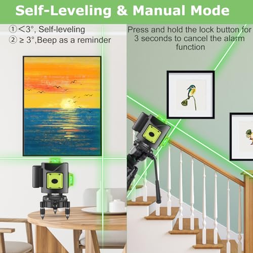 Laser Level, 16 Lines Laser Level 4x360° Self Leveling, 4D Green Cross Line Laser for Construction Tiling Picture Hanging, Green Laser Level Line Tool with 2 Rechargeable Battery and Magnetic Bracket