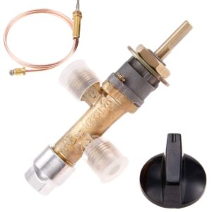 T6 Low Pressure LPG Propane Gas Fireplace Fire Pit Flame Failure Safety Control Valve Kit with Thermocouple & Knob Switch 3/8" Flare Inlet & Outlet Replacement Part for Gas Grill Heater Fire Pit