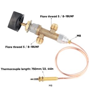 T6 Low Pressure LPG Propane Gas Fireplace Fire Pit Flame Failure Safety Control Valve Kit with Thermocouple & Knob Switch 3/8" Flare Inlet & Outlet Replacement Part for Gas Grill Heater Fire Pit