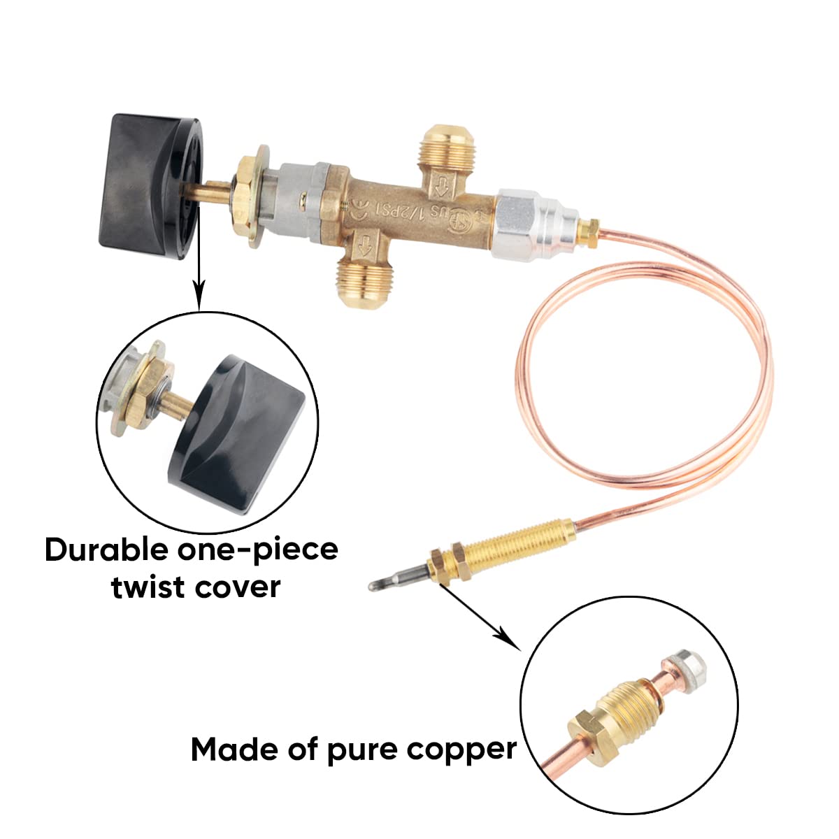 T6 Low Pressure LPG Propane Gas Fireplace Fire Pit Flame Failure Safety Control Valve Kit with Thermocouple & Knob Switch 3/8" Flare Inlet & Outlet Replacement Part for Gas Grill Heater Fire Pit
